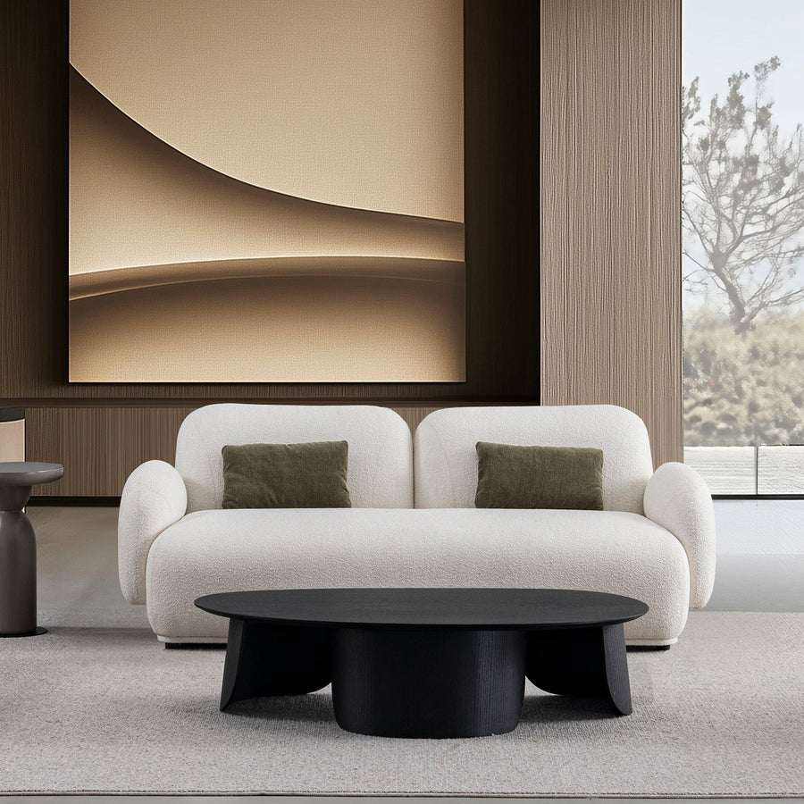 Cream boucle fabric 2 seater sofa pluum primary product view.