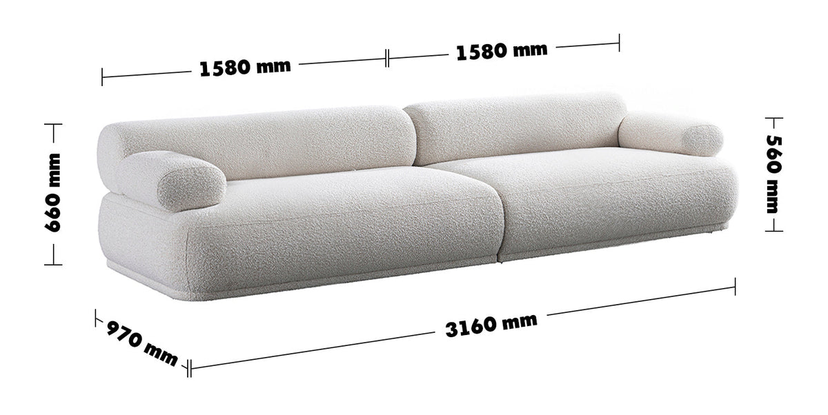 Cream Boucle Fabric 4 Seater Sofa MOCHI Size Chart