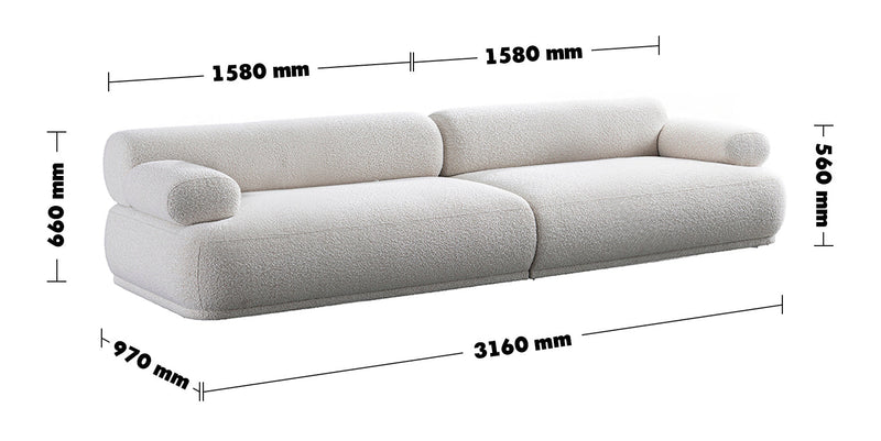 Cream Boucle Fabric 4 Seater Sofa MOCHI Size Chart