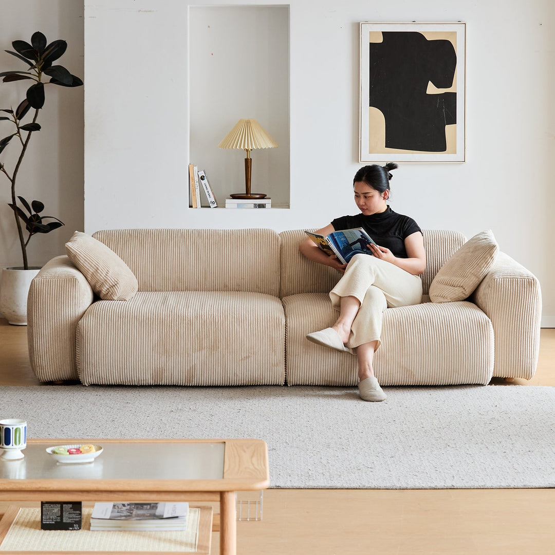 Cream corduroy velvet fabric 2 seater sofa square material variants.
