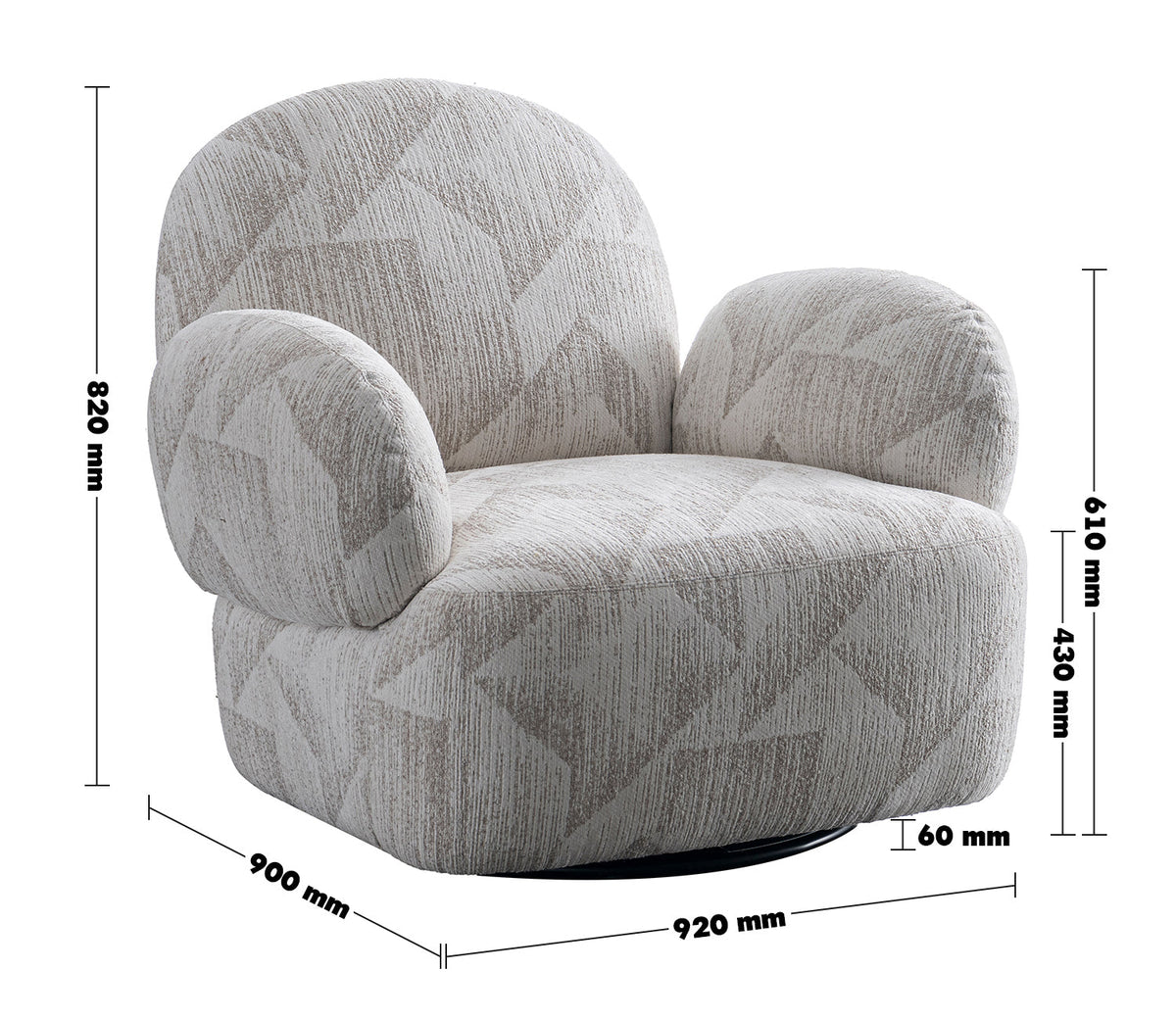 Cream Mixed Weave Fabric Revolving 1 Seater Sofa POMU Size Chart
