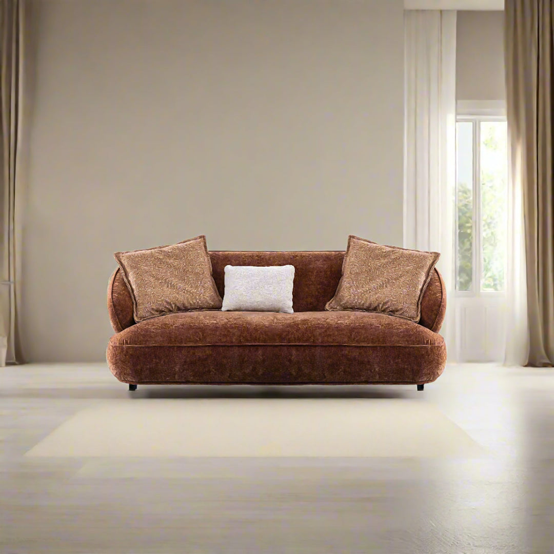 Cream velvet fabric 2 seater sofa cocoa color swatches.