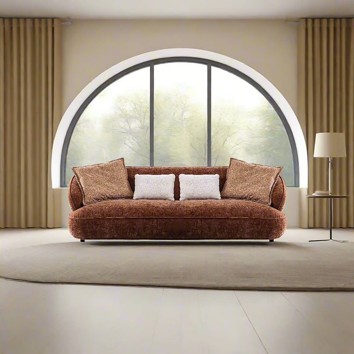 Cream velvet fabric 3 seater sofa cocoa primary product view.