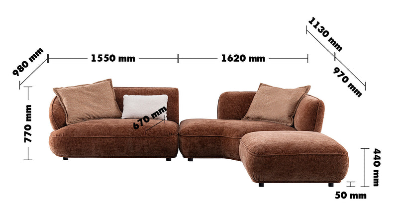 Cream Velvet Fabric L Shape Sectional Sofa COCOA 3+L Size Chart