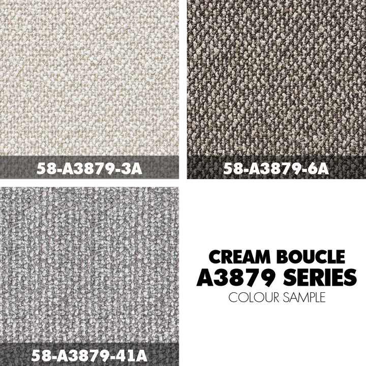 Cream boucle fabric 3 seater sofa curly color swatches.