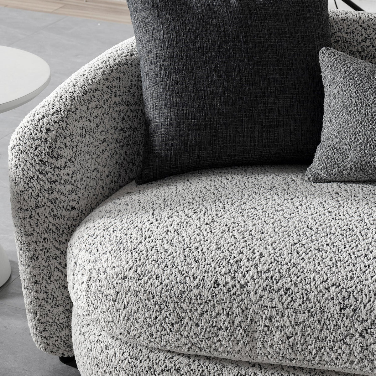 Cream boucle fabric 3 seater sofa nova with context.