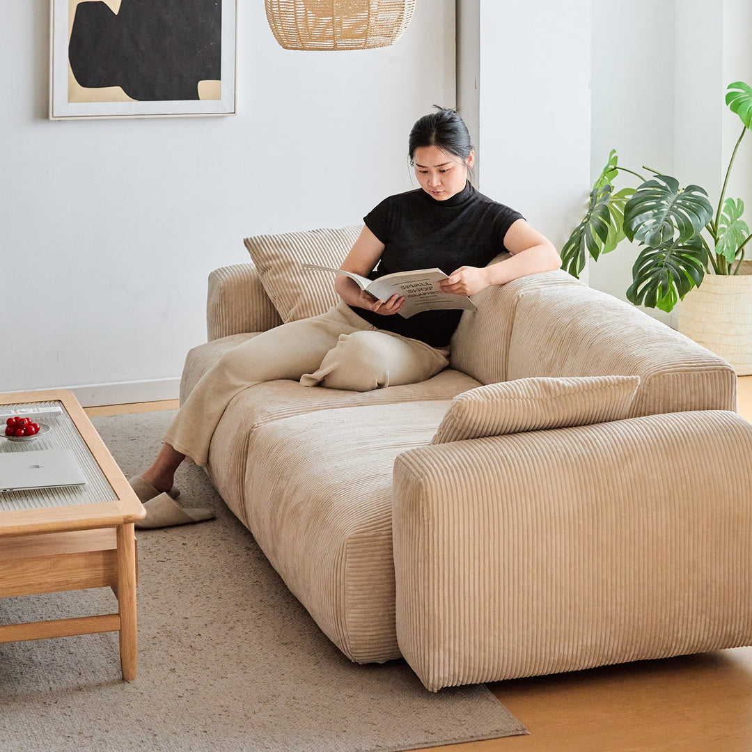 Cream corduroy velvet fabric 3 seater sofa square environmental situation.