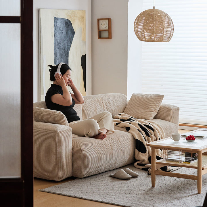 Cream Corduroy Velvet Fabric 3 Seater Sofa SQUARE