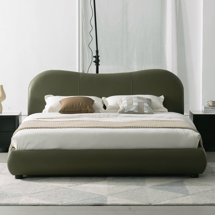Cream genuine leather bed frame moyu in real life style.