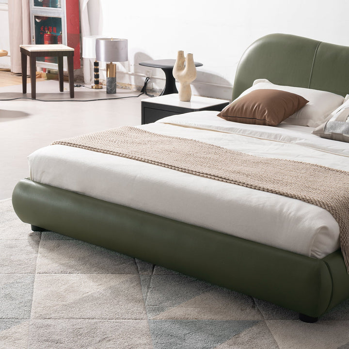 Cream genuine leather bed frame moyu in details.