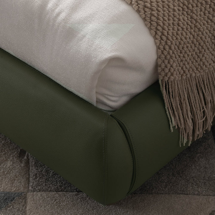 Cream genuine leather bed frame moyu in close up details.