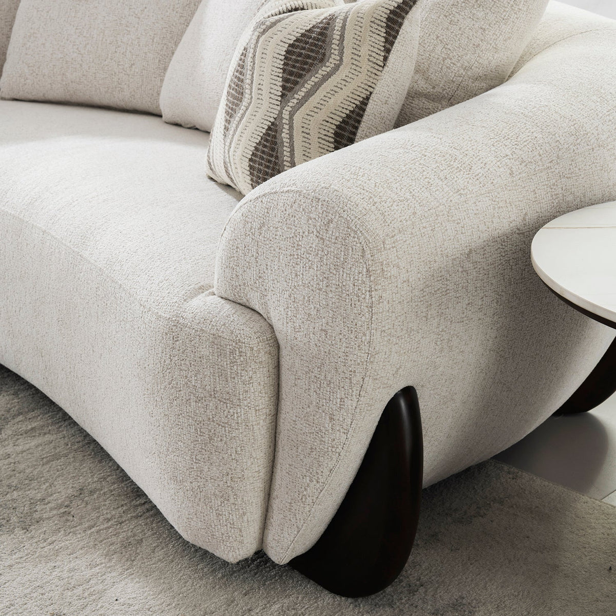 Cream mixed weave fabric 1 seater sofa swoop with context.