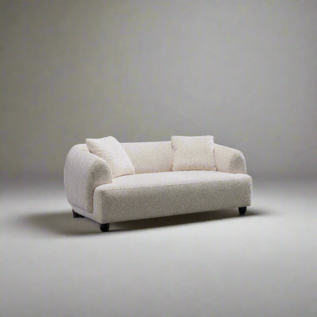 Cream mixed weave fabric 2 seater sofa puffy color swatches.