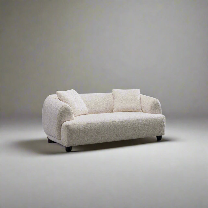 Cream mixed weave fabric 2 seater sofa puffy color swatches.