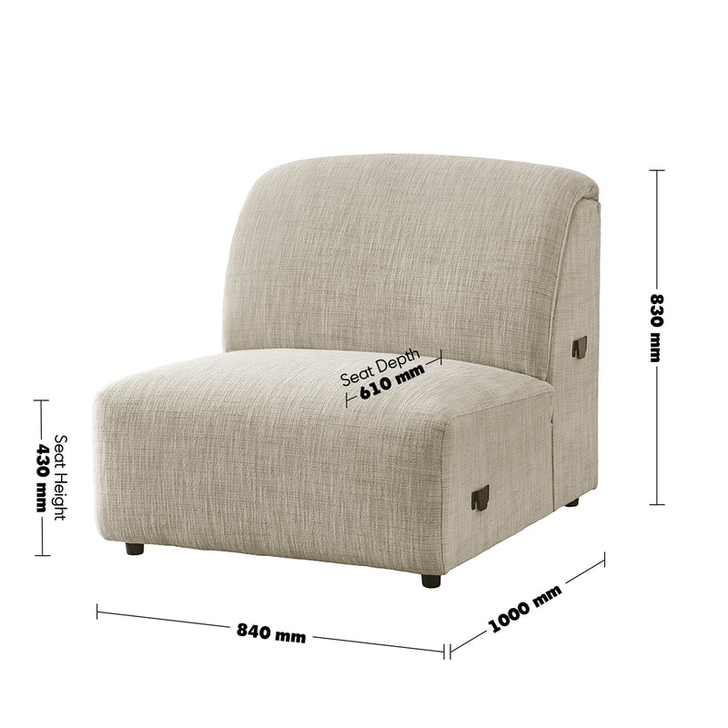 Cream Mixed Weave Fabric Modular Armless 1 Seater Sofa LUNAR Size Chart