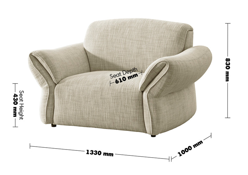 Cream Mixed Weave Fabric 1 Seater Sofa LUNAR Size Chart
