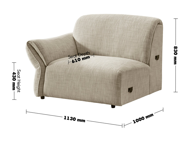 Cream Mixed Weave Fabric Modular Corner 1 Seater Sofa LUNAR Size Chart