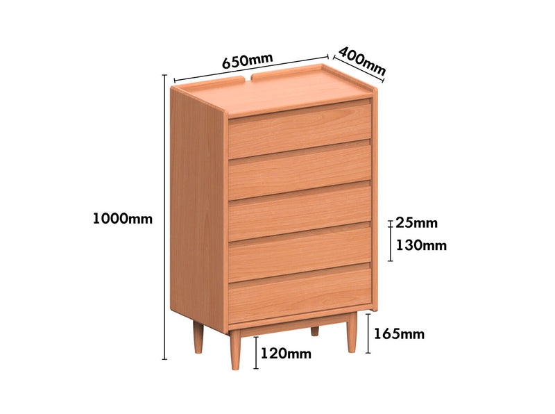Scandinavian Cherry Wood Chest Of 5 Drawers VISTA Size Chart