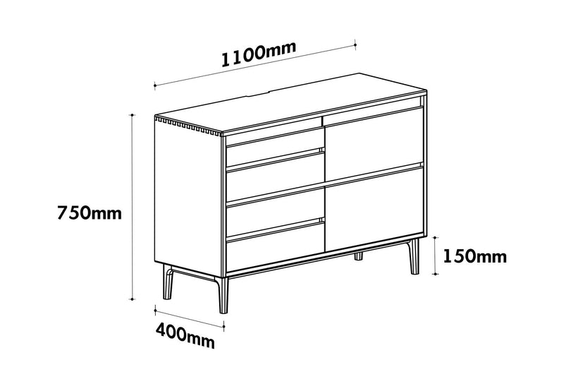 Scandinavian Oak Wood Chest Of 6 Drawers FLOATING LIGHT Size Chart