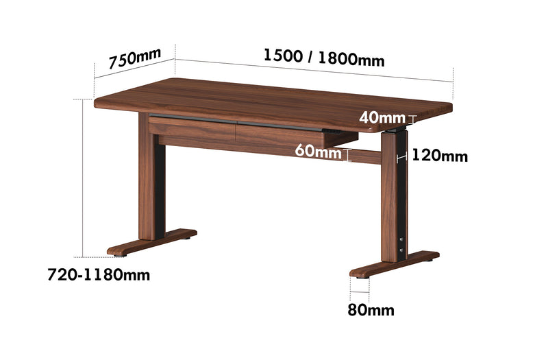 Japandi Walnut Wood Electric Height Adjustable Study Table CLOUD LIFTING Size Chart