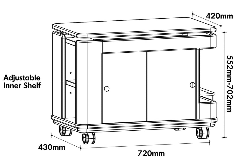 Scandinavian Cherry Wood Wheeled Trolley Side Table DRIFT Size Chart