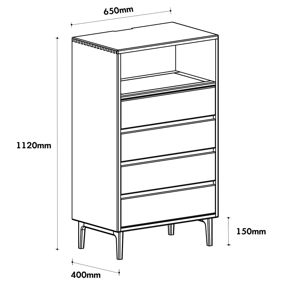 Scandinavian Oak Wood Chest Of 5 Drawers FLOATING LIGHT Size Chart
