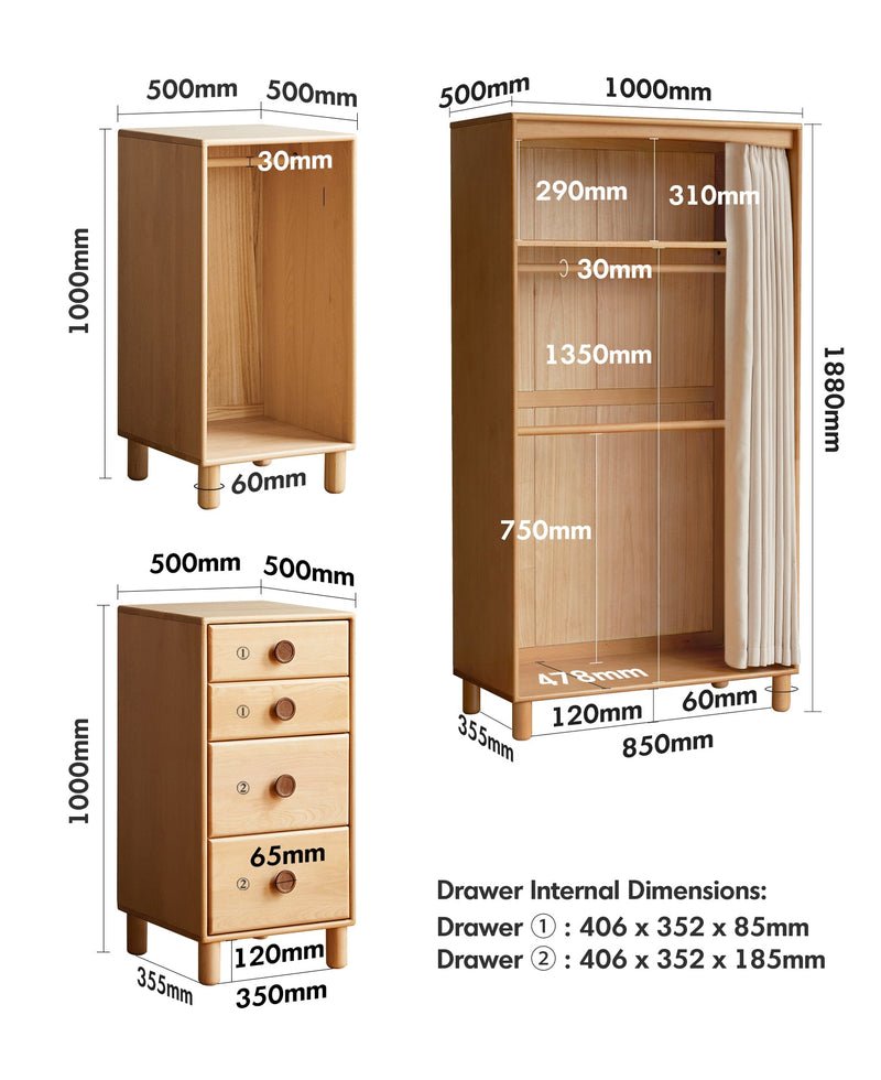 Scandinavian Beech Wood Wardrobe PEBLO Size Chart