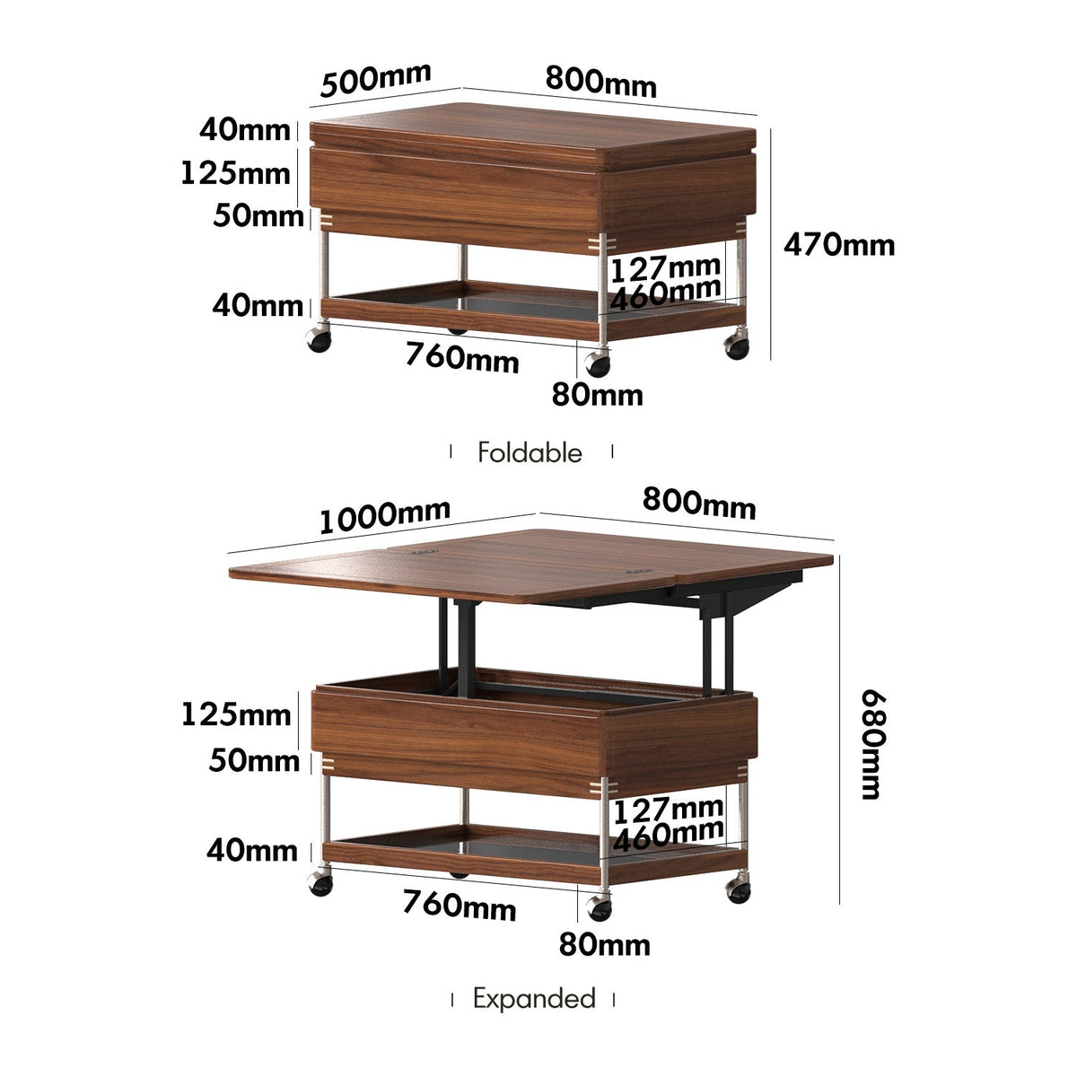 Japandi Walnut Wood Lift-Up Coffee Table SEREN Size Chart