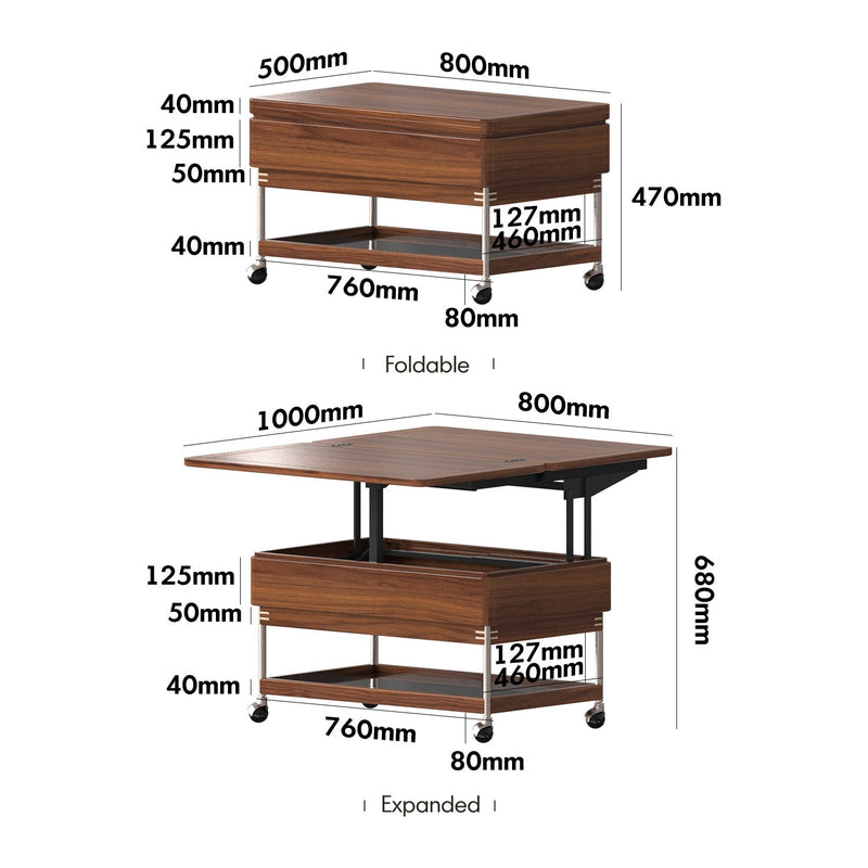 Japandi Walnut Wood Lift-Up Coffee Table SEREN Size Chart