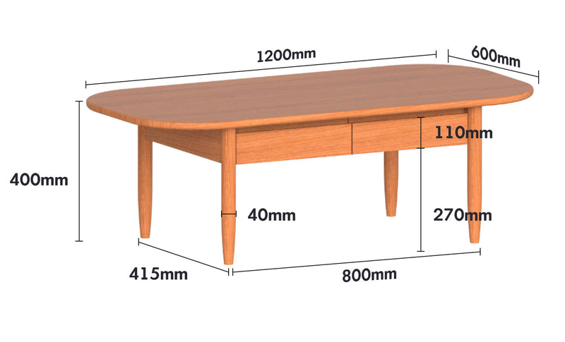 Scandinavian Cherry Wood Coffee Table VISTA Size Chart