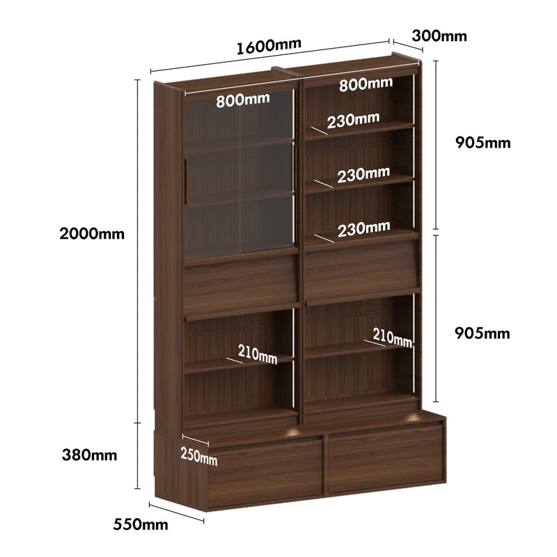 Japandi Walnut Wood Bookshelf VISTA Size Chart
