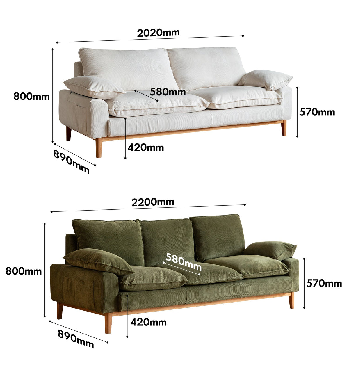 Scandinavian Corduroy Velvet Fabric 3 Seater Sofa INDIGO Size Chart