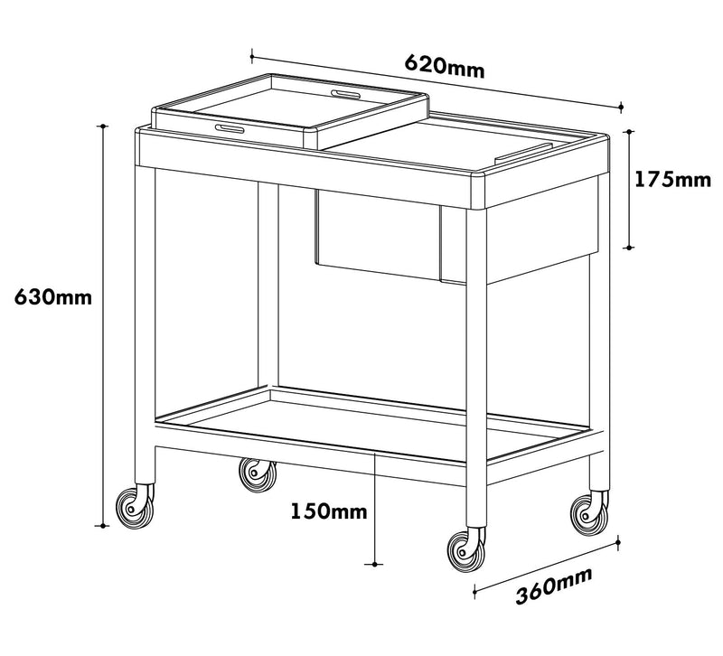 Scandinavian Cherry Wood Wheeled Trolley Side Table POCKET Size Chart