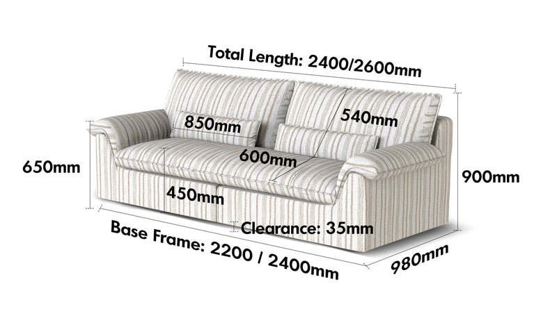 Bauhaus Chenille Velvet Fabric 3 Seater Sofa KOALA Size Chart