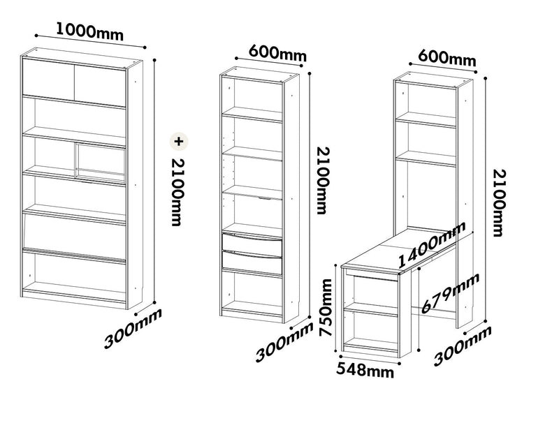 Bauhaus Boxwood Extendable Study Desk Bookshelf MIES Size Chart