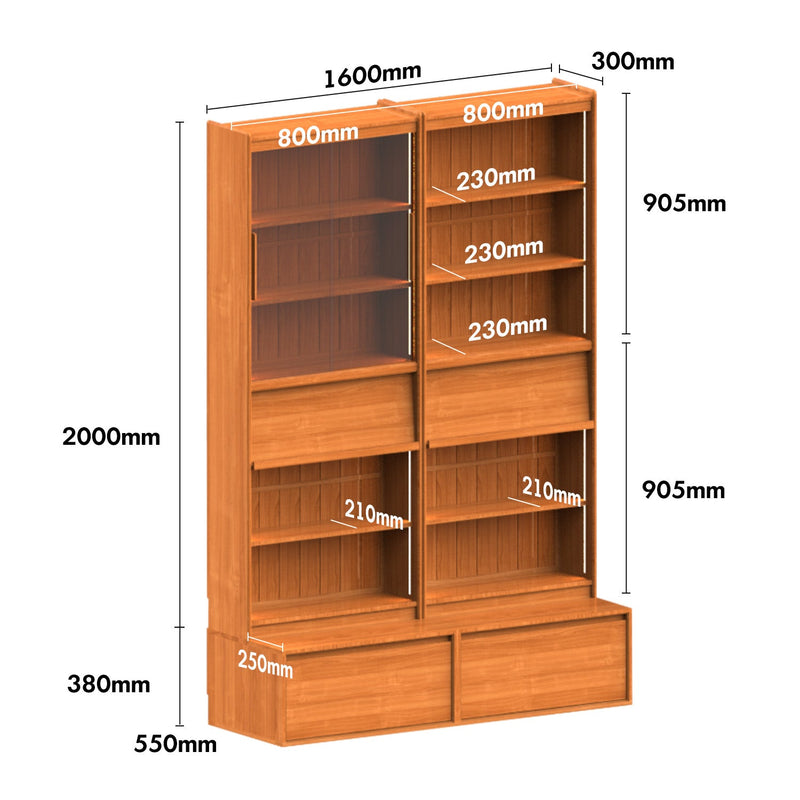 Scandinavian Cherry Wood Bookshelf VISTA Size Chart