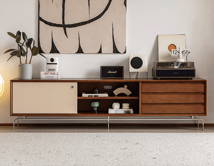 Vintage boxwood sliding door tv console moonrise in real life style.