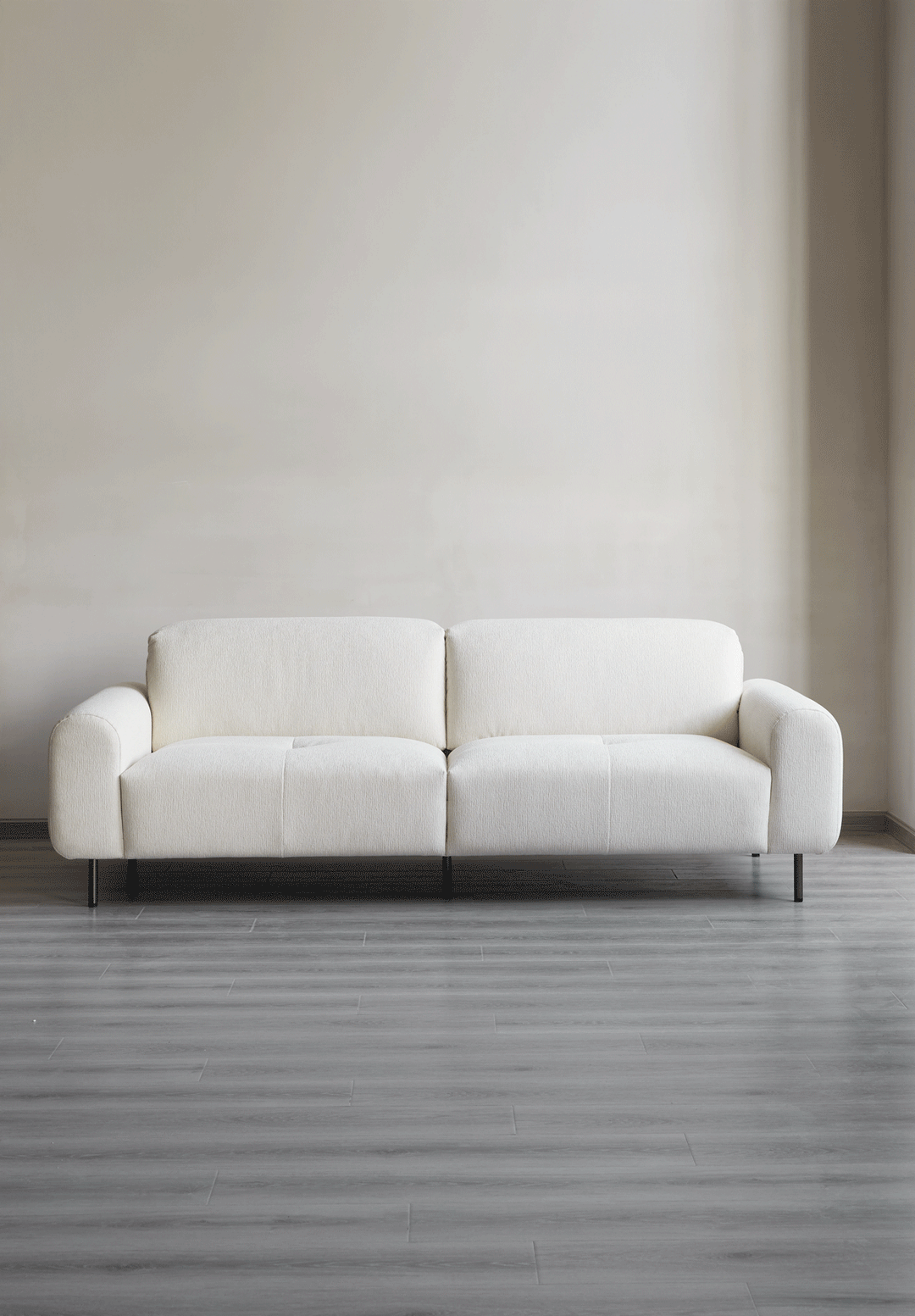 Minimalist chenille velvet fabric 1 seater sofa drift color swatches.