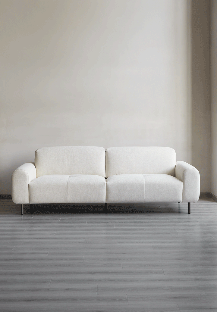 Minimalist chenille velvet fabric 1 seater sofa drift color swatches.