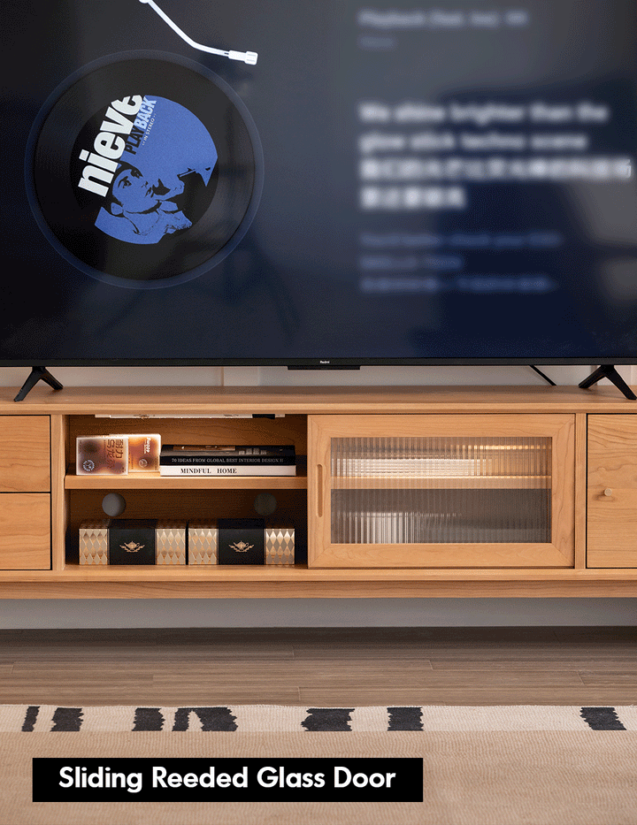 Scandinavian cherry wood tv console green detail 3.