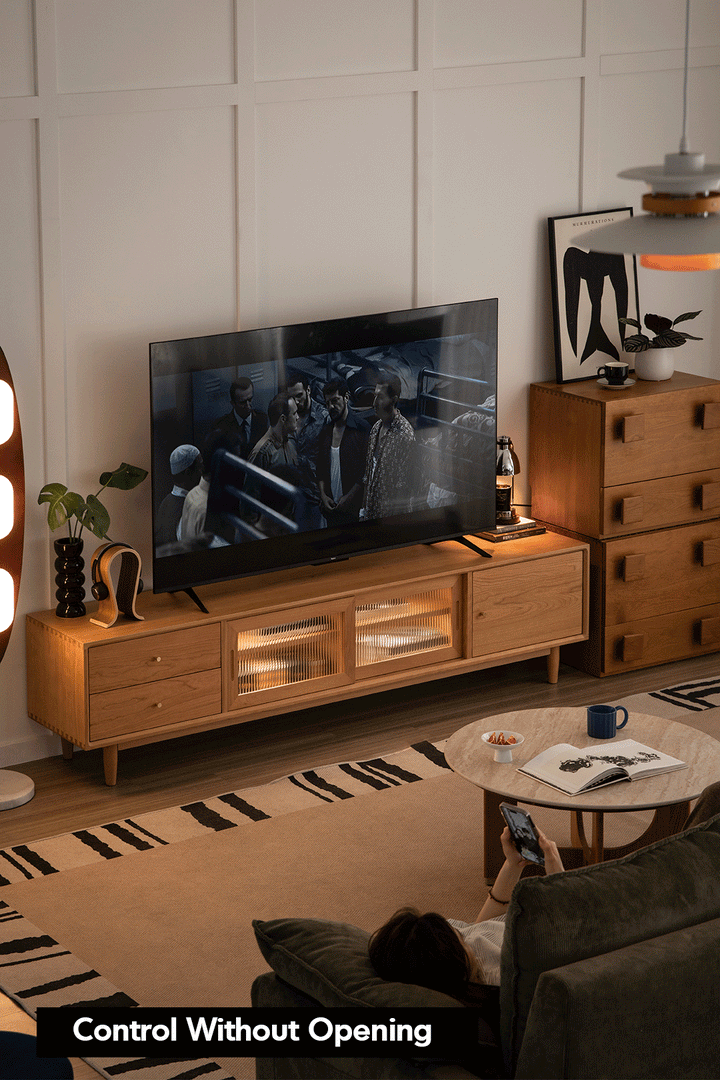 Scandinavian cherry wood tv console green detail 6.