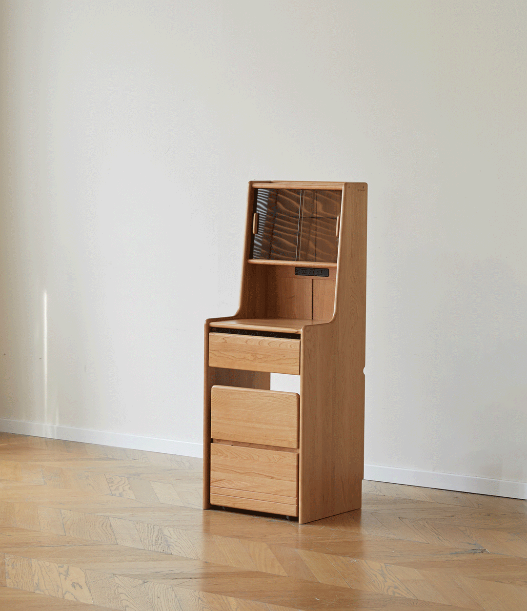 Scandinavian cherry wood dressing table with stool soulmate color swatches.