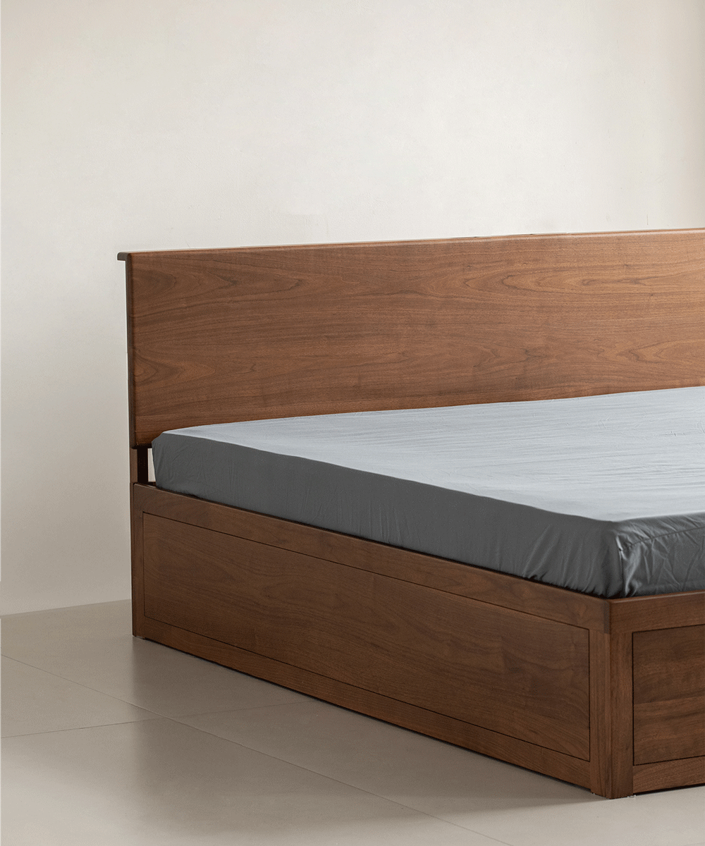 Vintage walnut wood lift-up storage bed with drawer kangaroo material variants.