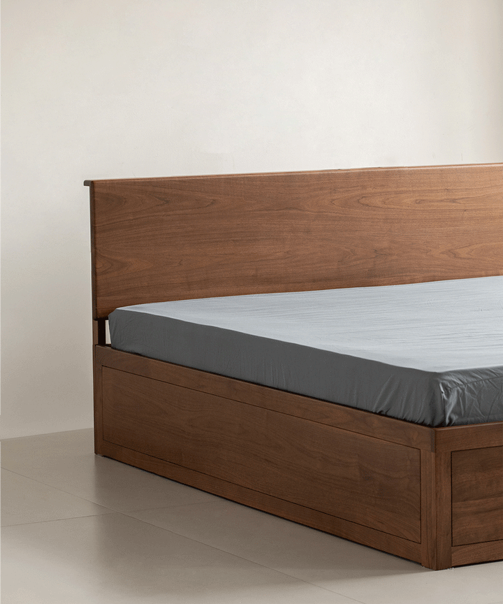 Vintage walnut wood lift-up storage bed with drawer kangaroo material variants.