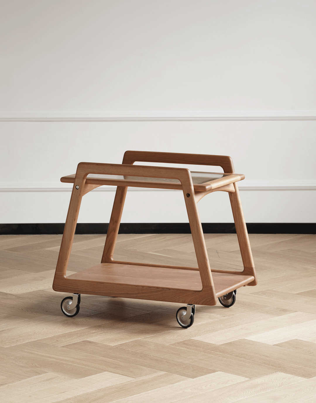 Scandinavian cherry wood wheeled trolley side table yoyo color swatches.
