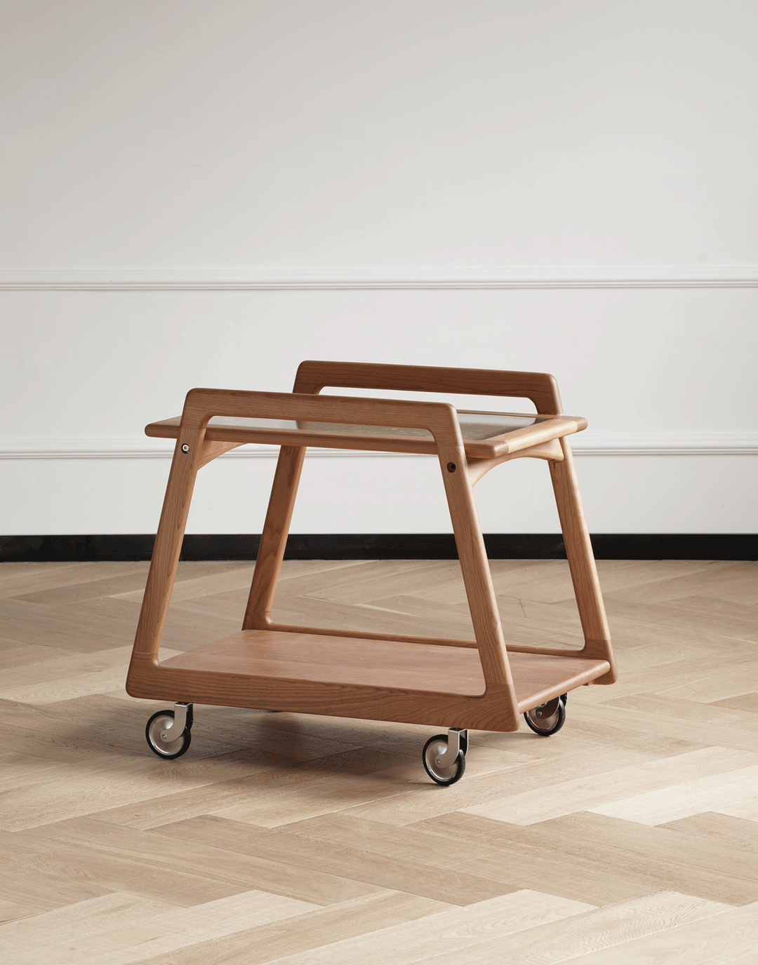 Scandinavian cherry wood wheeled trolley side table yoyo color swatches.