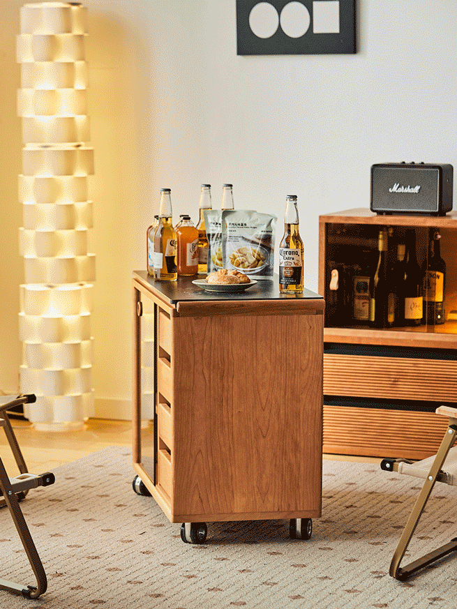 Scandinavian Cherry Wood Wheeled Trolley Side Table BUS