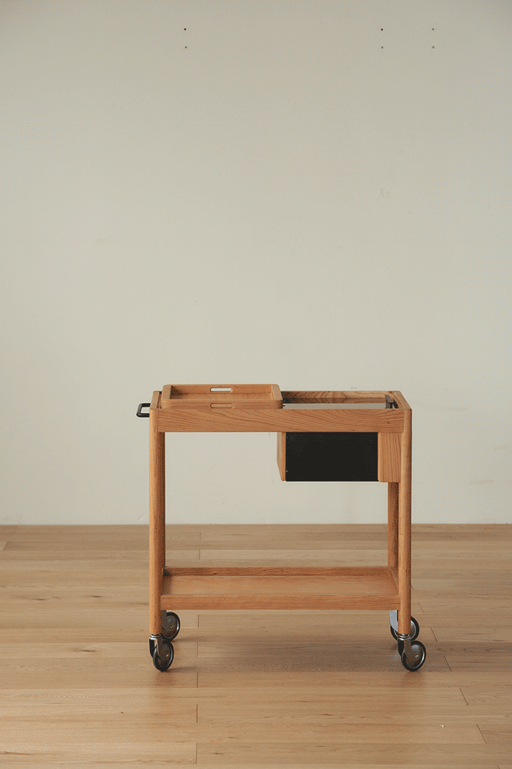 Scandinavian Cherry Wood Wheeled Trolley Side Table POCKET