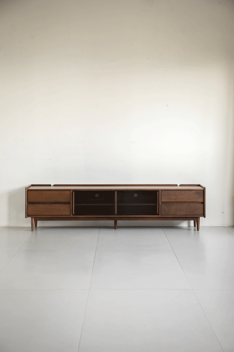 Japandi walnut wood tv console vista in real life style.