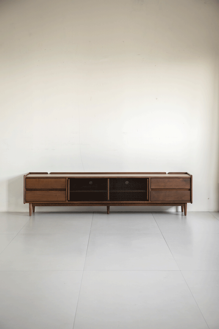 Japandi walnut wood tv console vista in real life style.